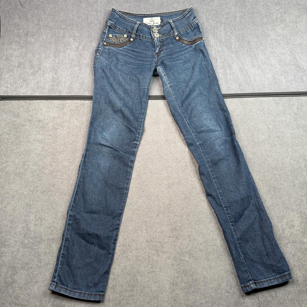 Lipstik Jeans Womens 6/7 Blue Denim Low Rise Studded Faux Leather Trim Y2K Flare